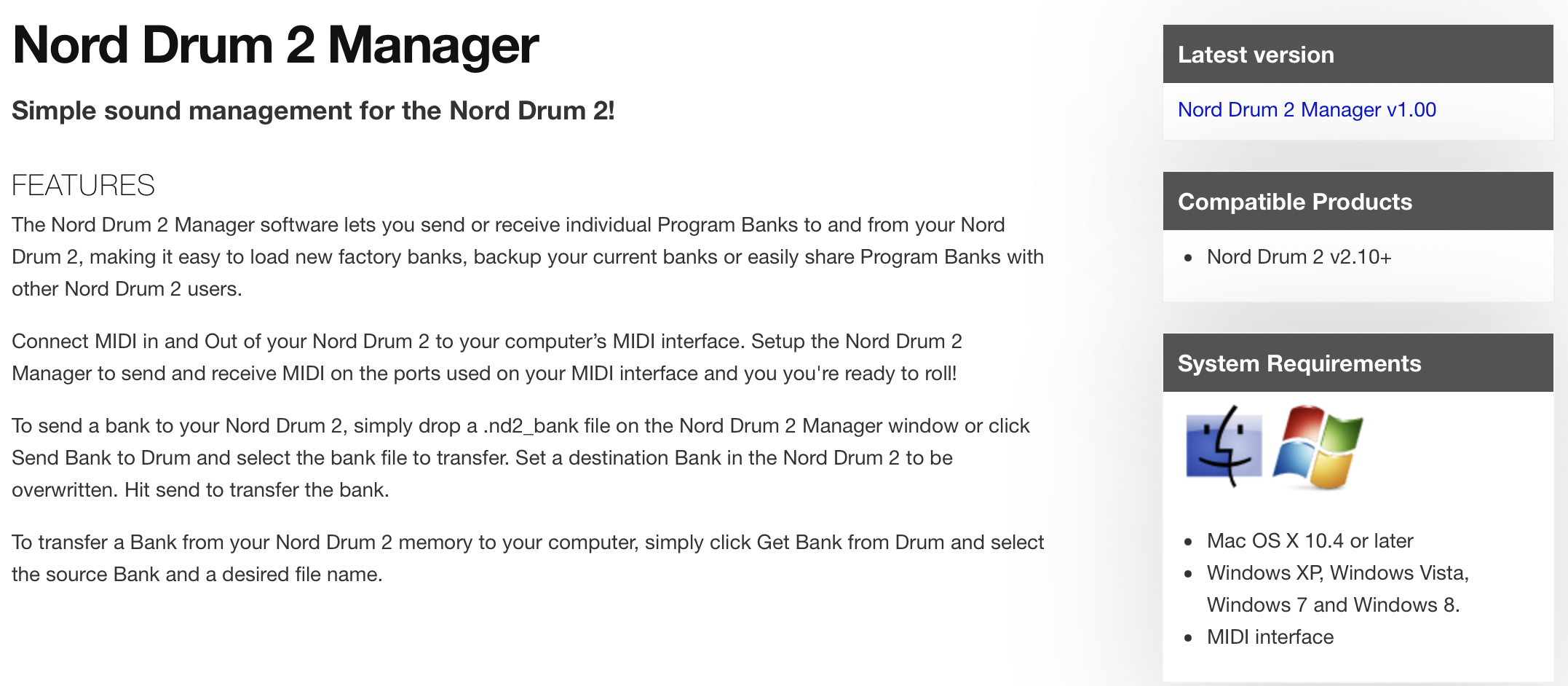 Nord website for &quot;Nord Drum 2 Manager&quot; compatibility and last version