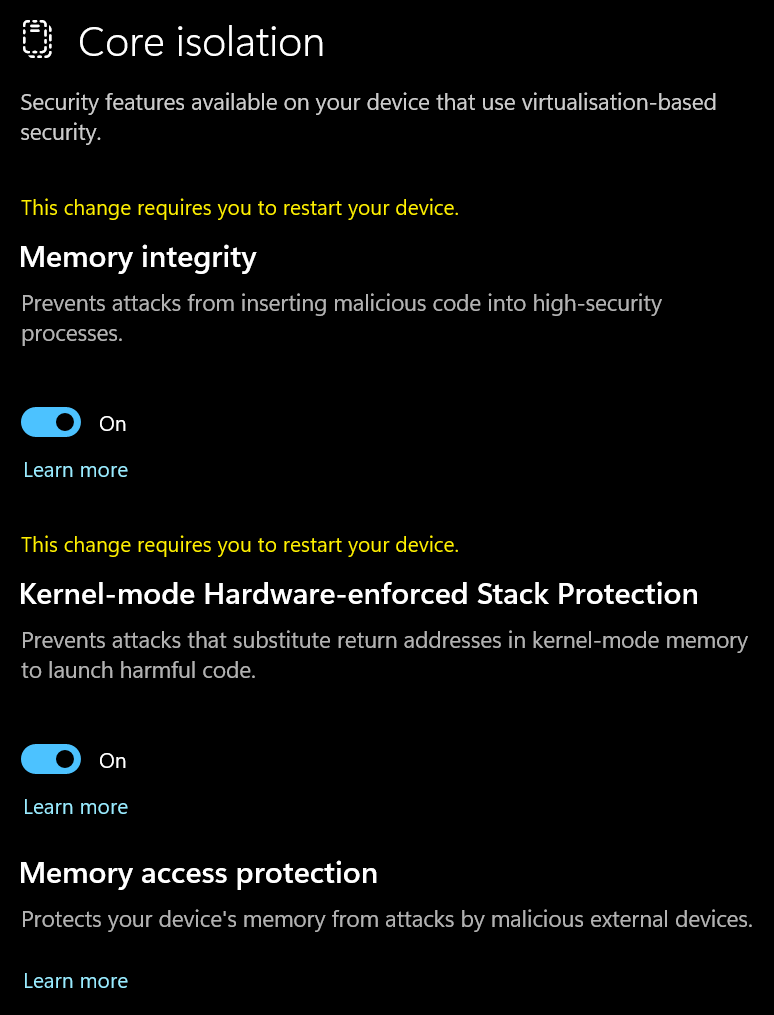 Windows memory integrity screenshot