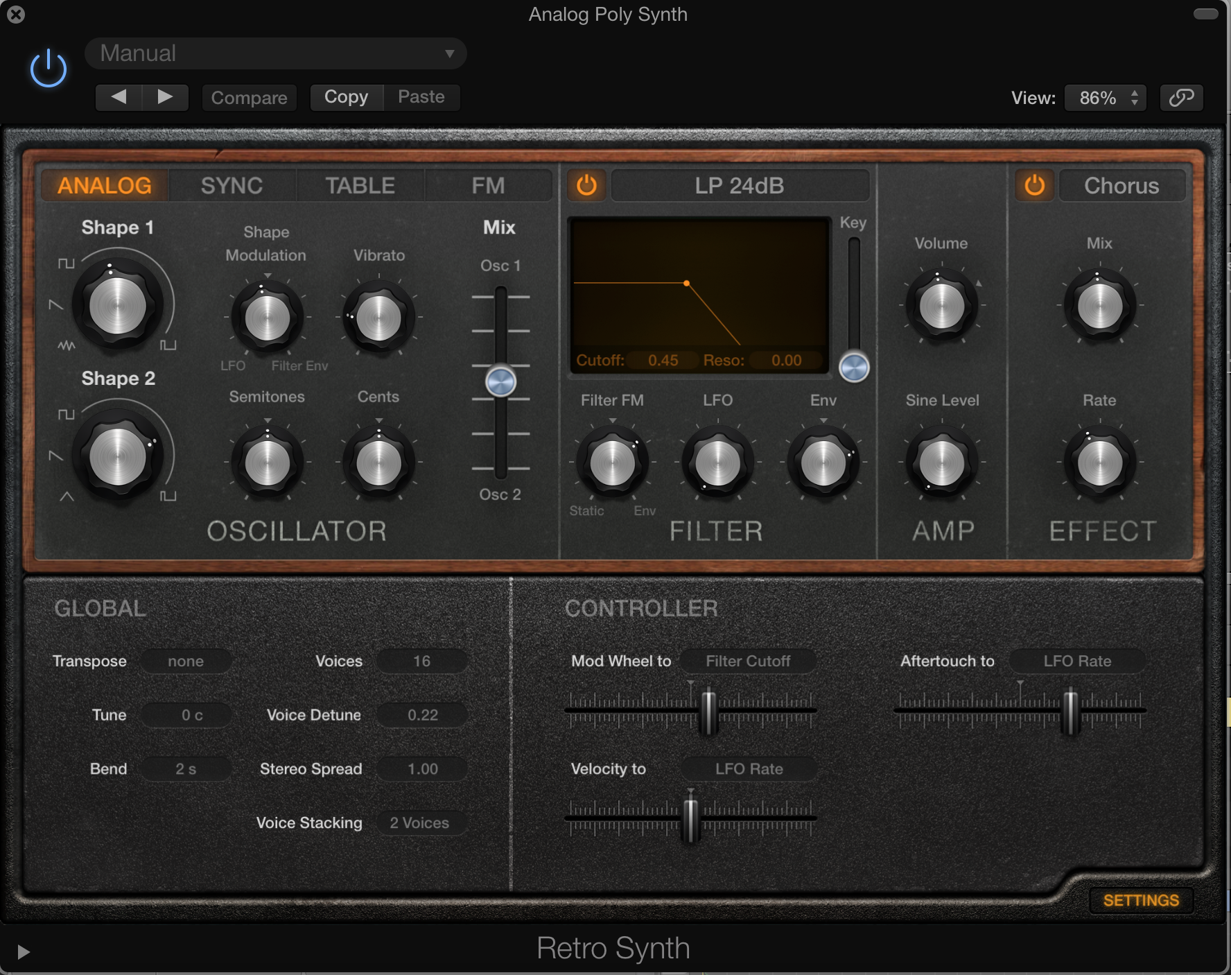 Screenshot of Retro Synth settings